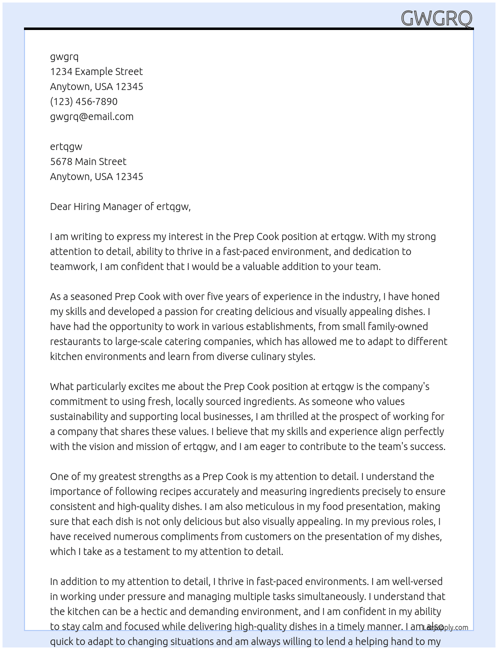 Prep cook At ertqgw Cover Letter