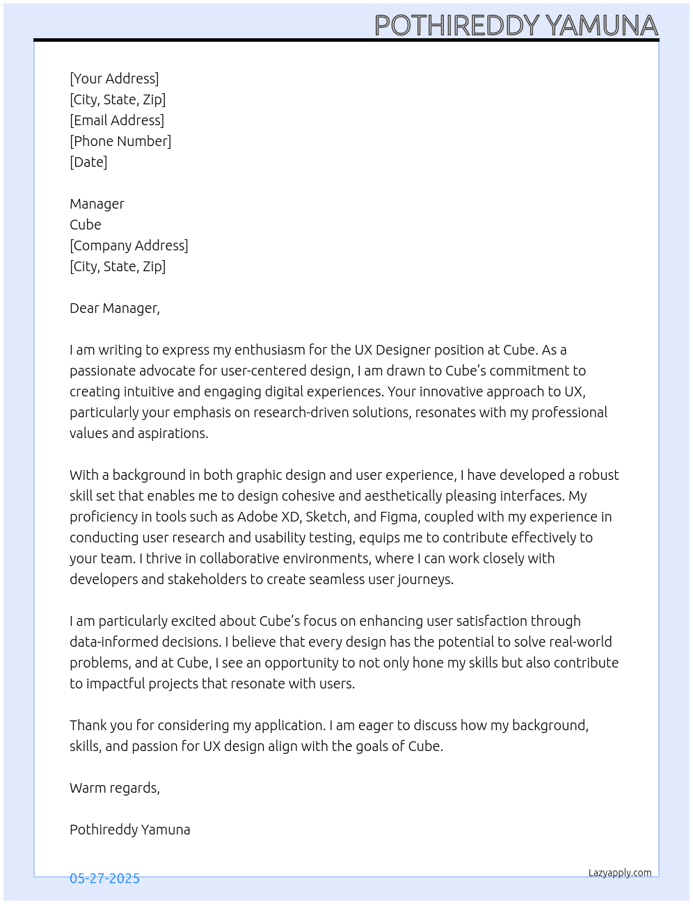 UX designer  At cube Cover Letter