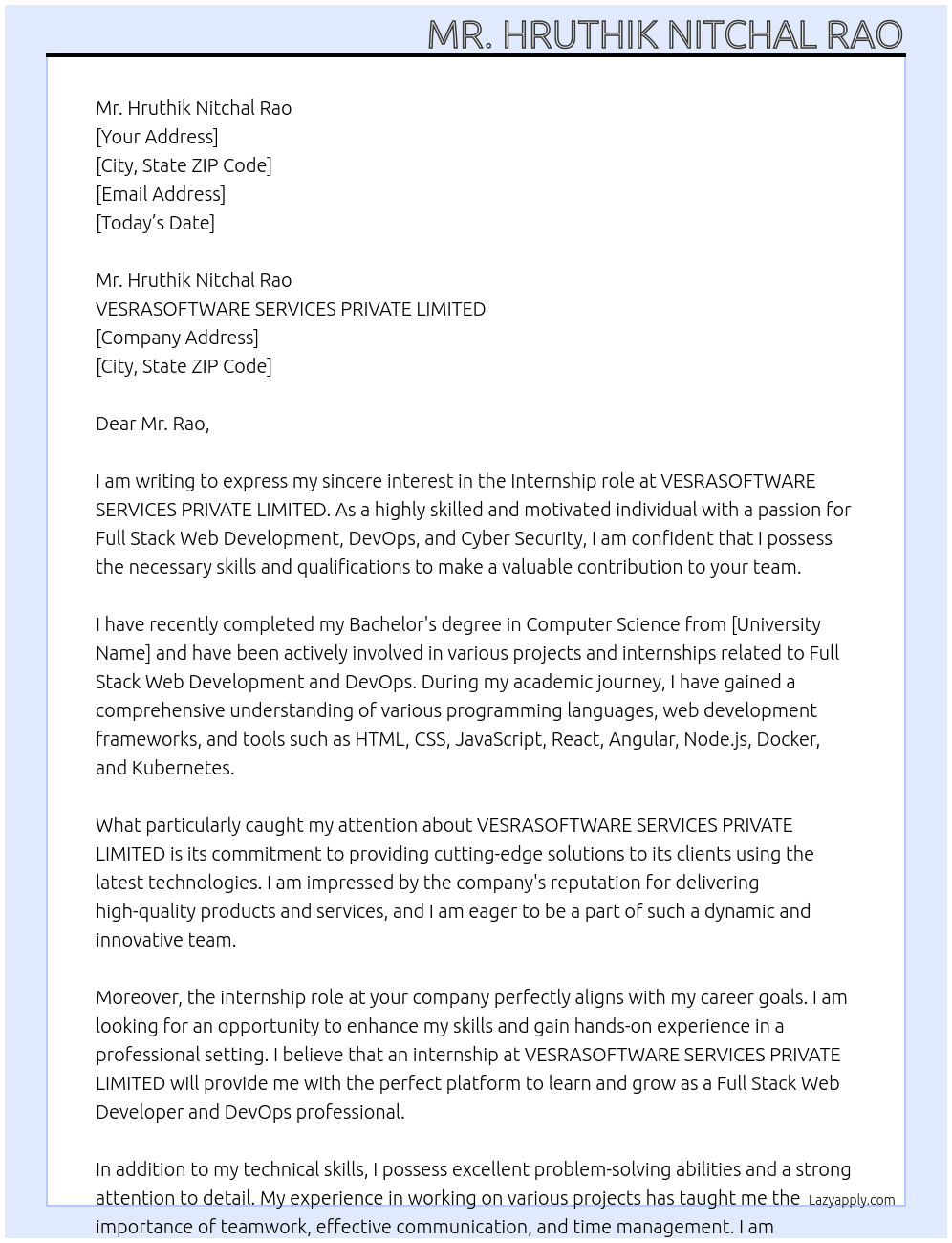 Internship  At VESRASOFTWARE SERVICES PRIVATE LIMITED  Cover Letter