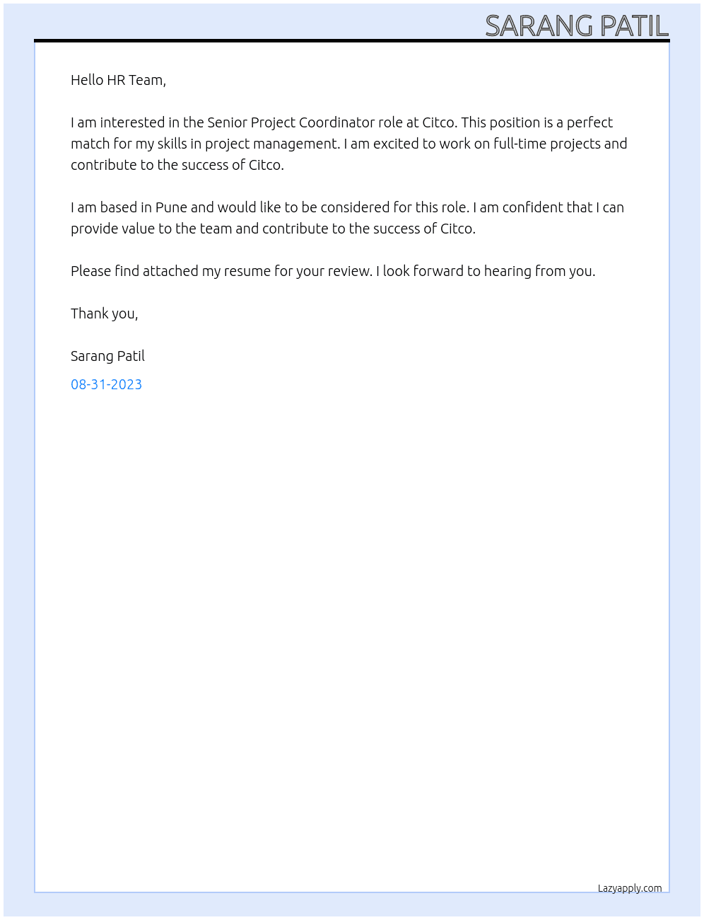 Senior Project Coordinator  At Citco Cover Letter