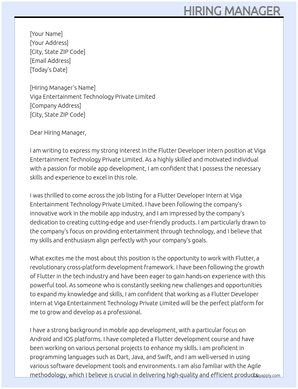 Flutter developer intern  At Viga Entertainment Technology Private Limited  Cover Letter