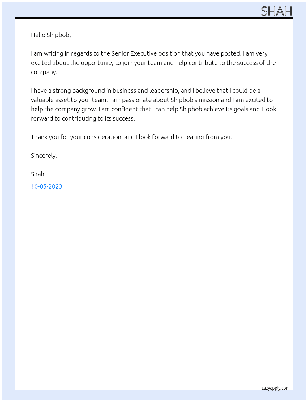 Senior executive  At Shipbob Cover Letter
