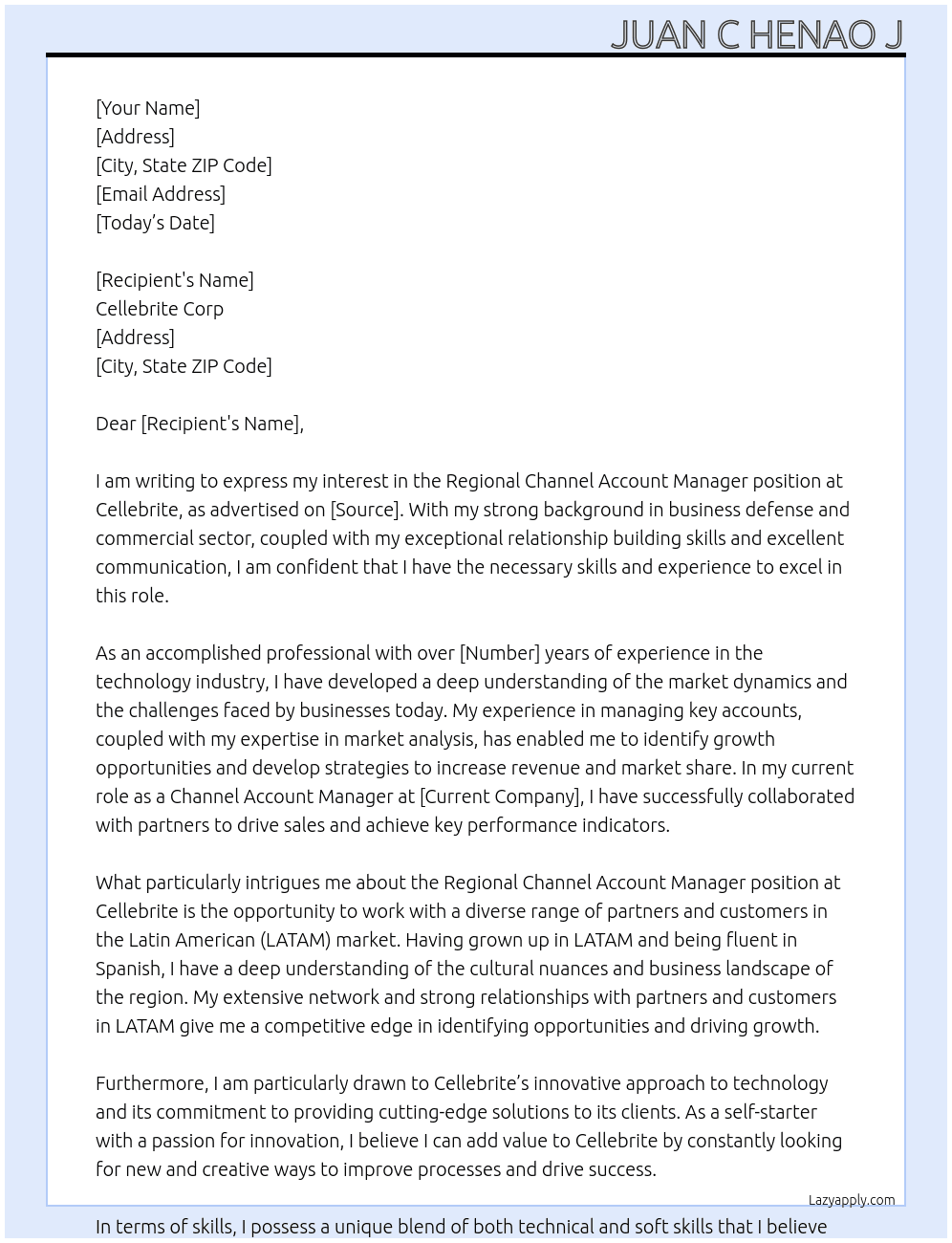 Regional Chanel Account Manager At Cellebrite Cover Letter