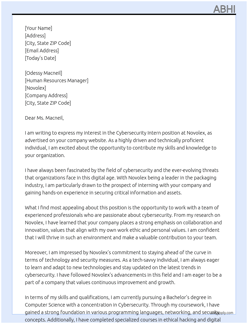 Cybersecurity Intern At Novolex Cover Letter