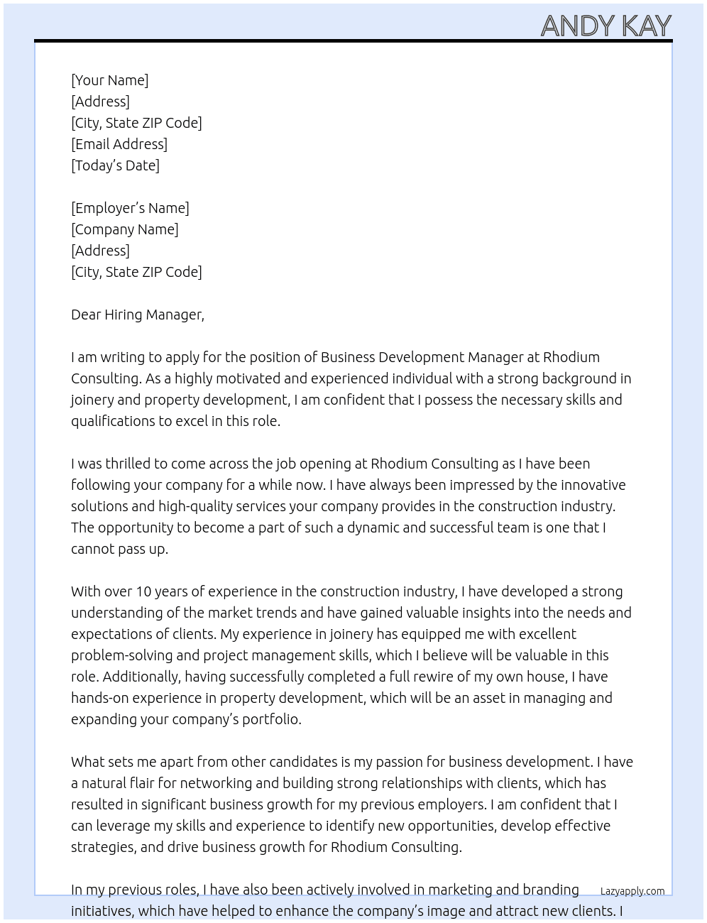 Business Development Manager At Rhodium Consulting Cover Letter