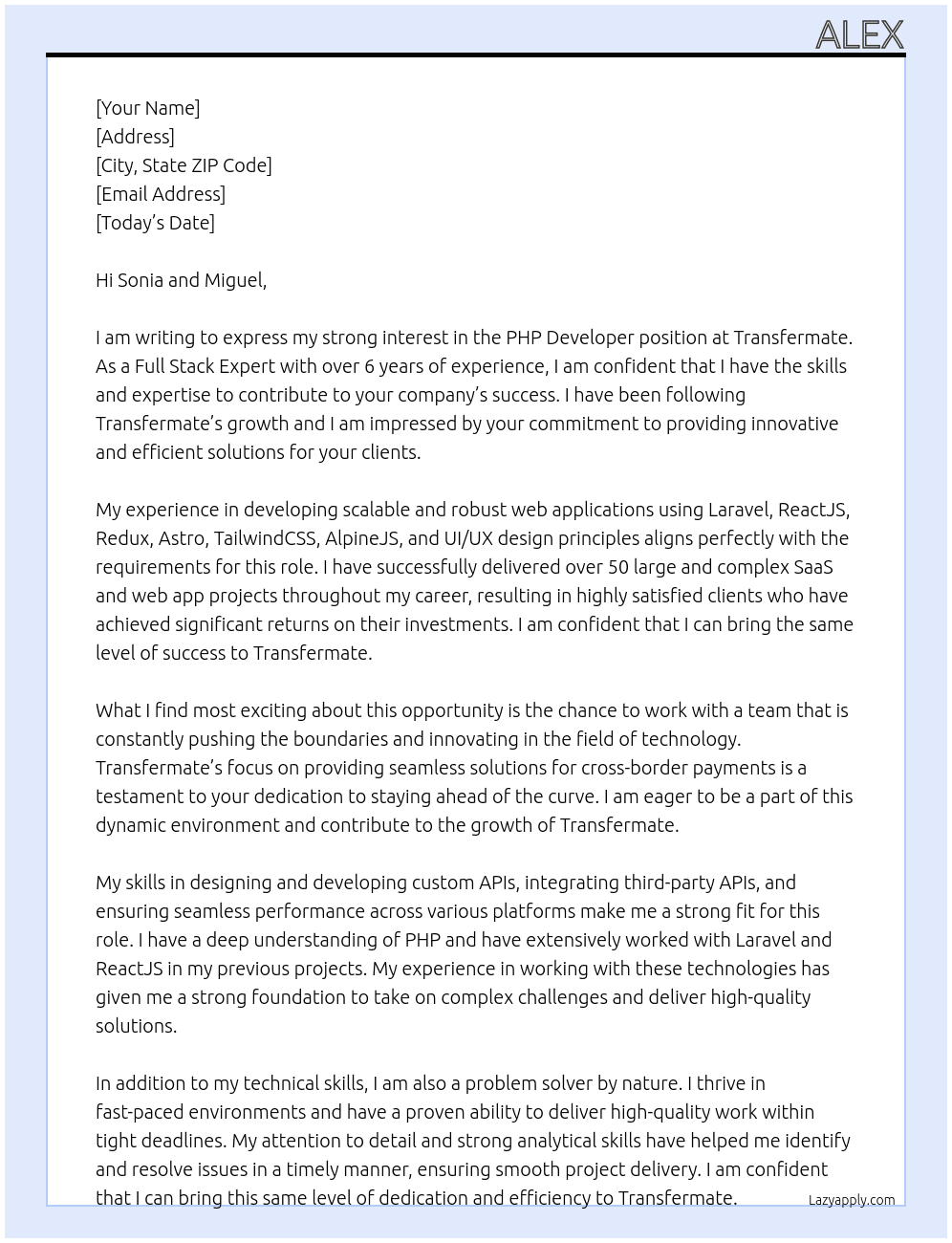 PHP developer At transfermate Cover Letter