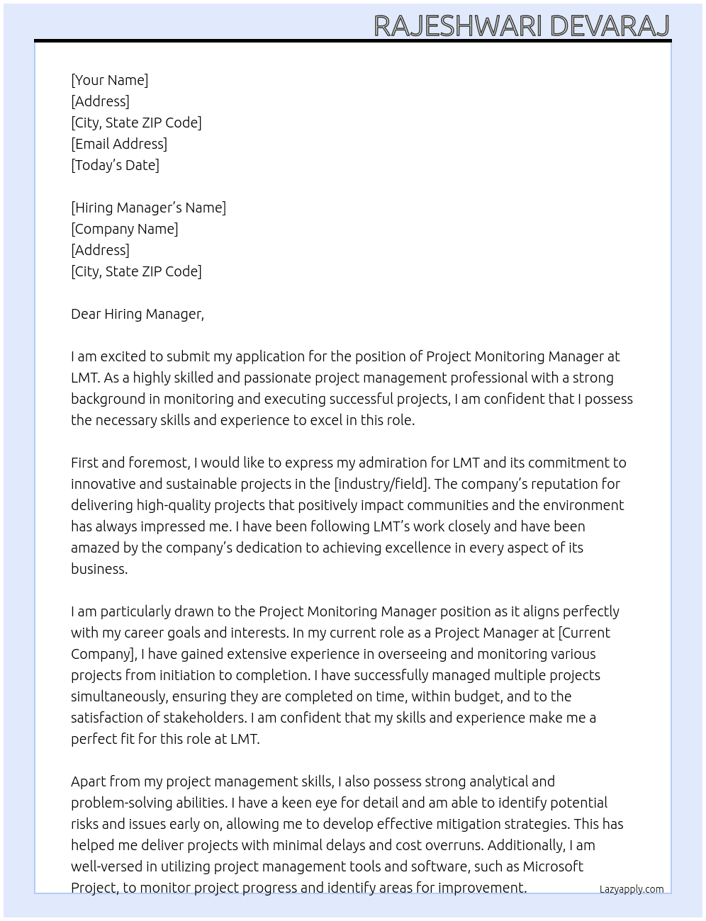 Project Monitoring Manager At LMT Cover Letter