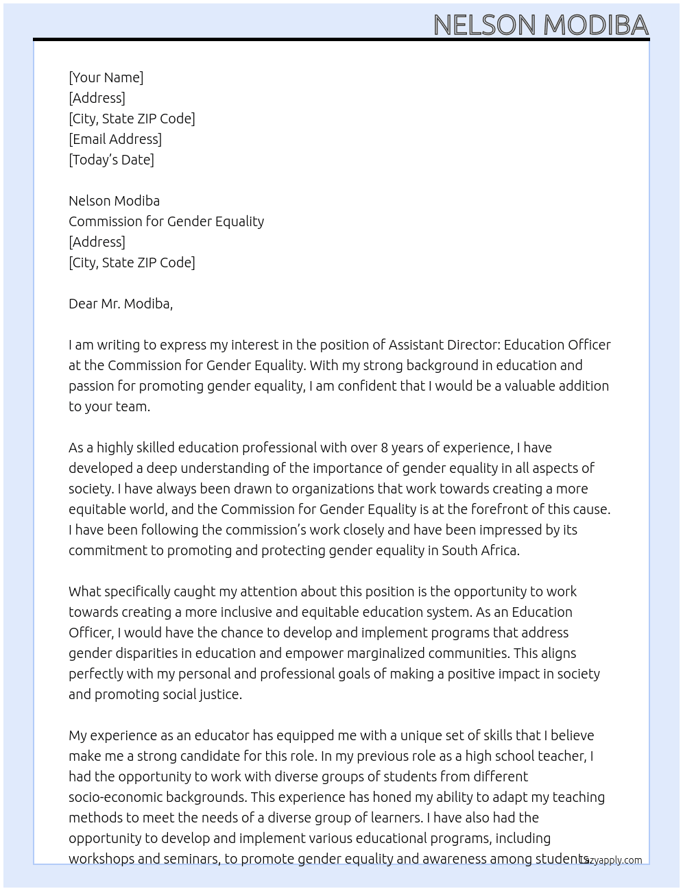 ASSISTANT DIRECTOR: EDUCATION OFFICER At Commission for Gender Equality Cover Letter