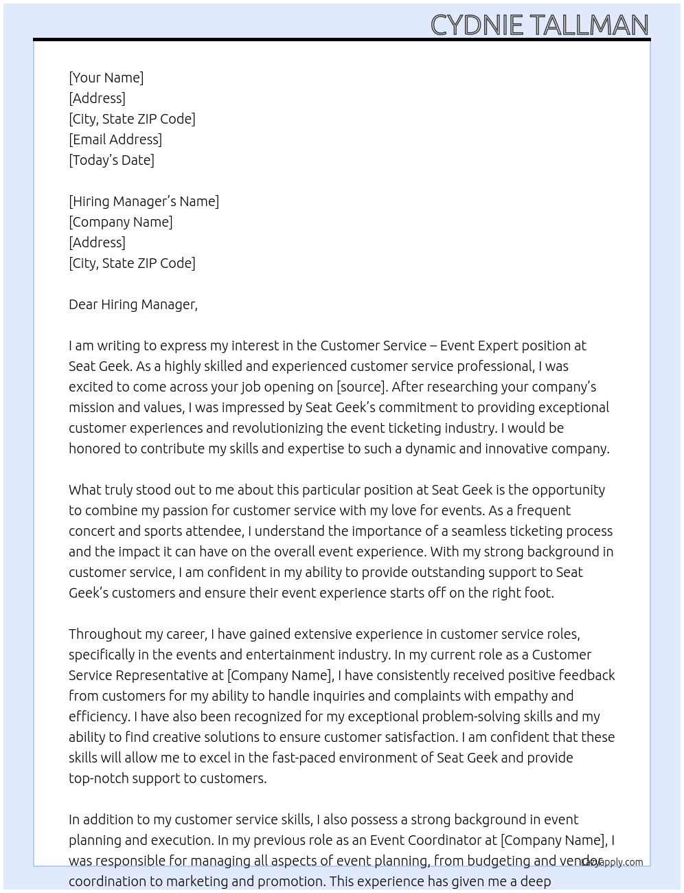 Customer Service - Event Expert At Seat Geek Cover Letter