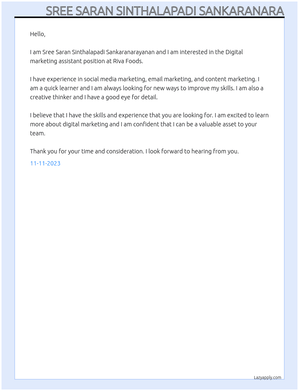 Digital marketing assistant At Riva foods Cover Letter