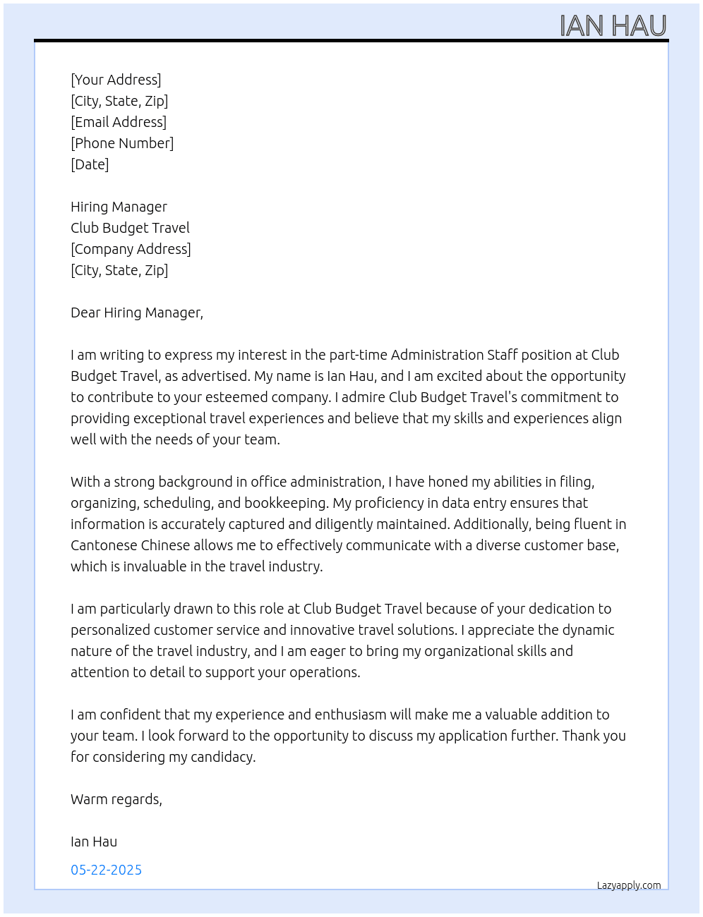 Administration Staff At Club Budget Travel Cover Letter