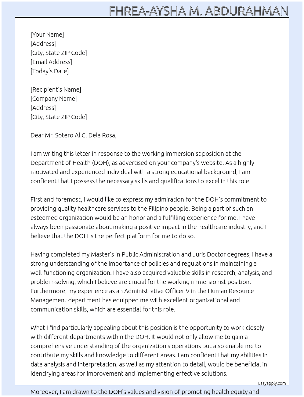 working immersionist At DOH Cover Letter