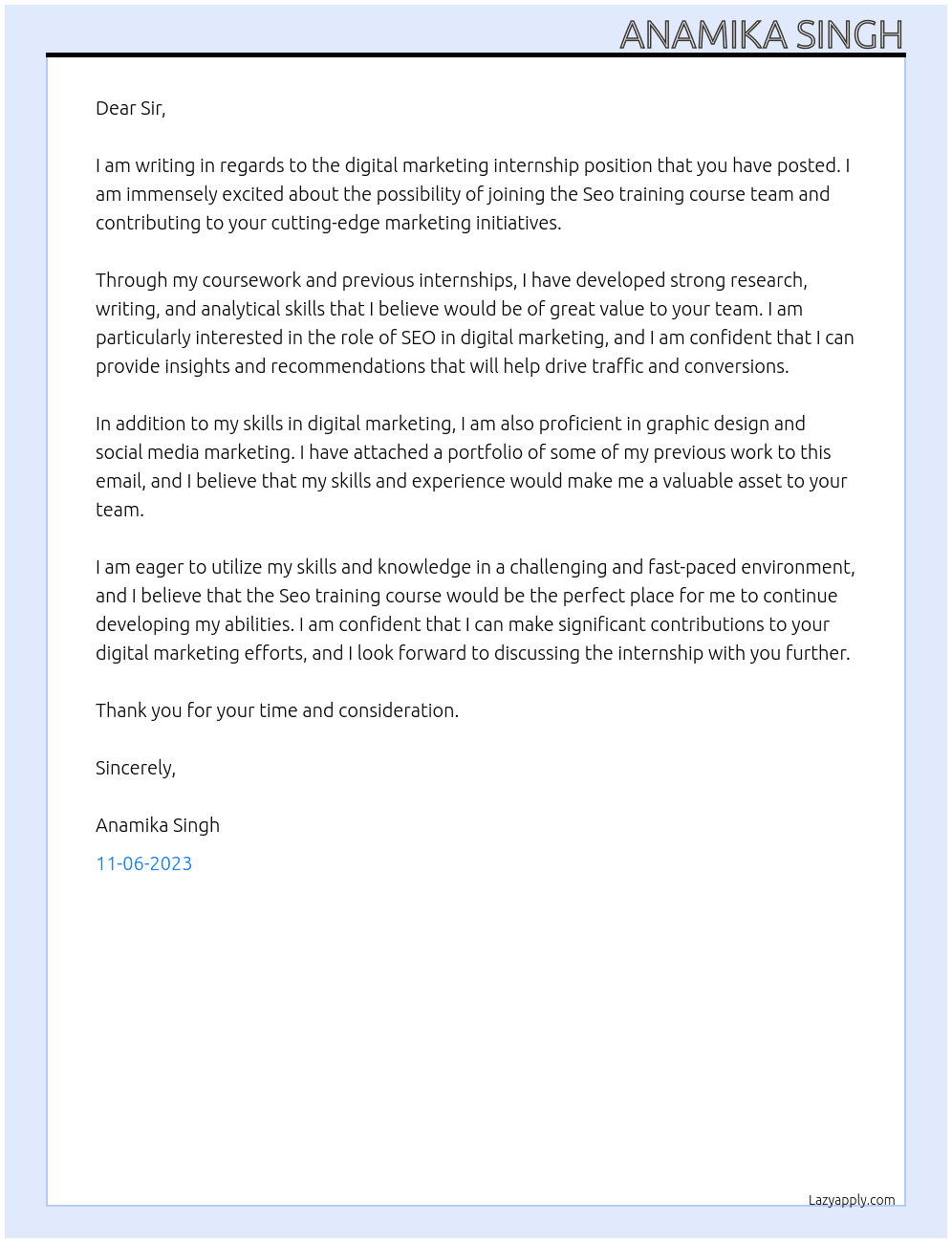 Digital marketing internship At Seo training course Cover Letter