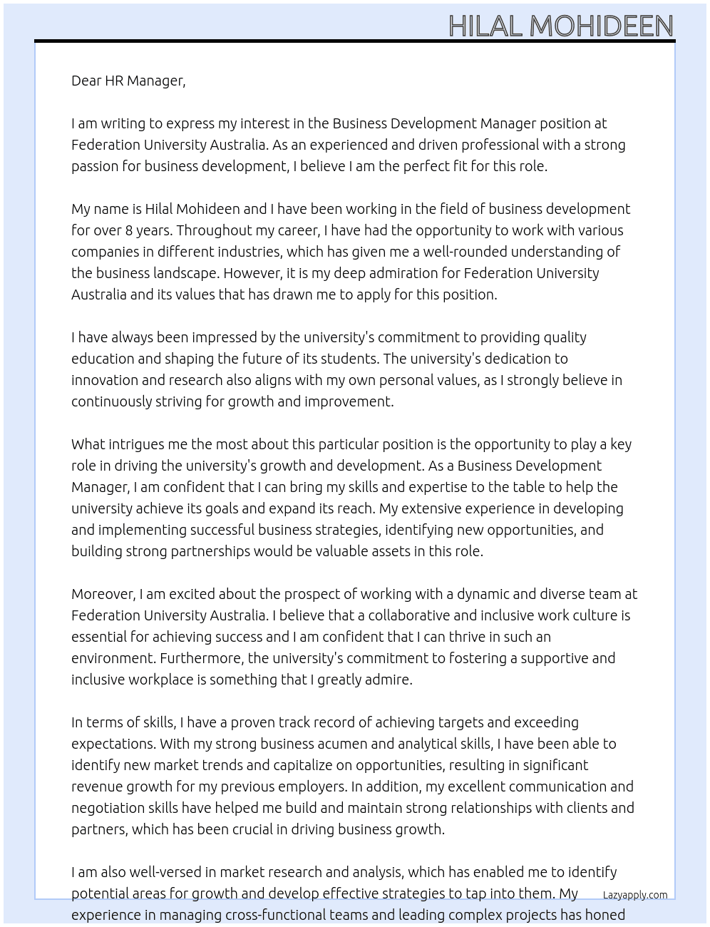 Business Development Manager At Federation University Australia  Cover Letter