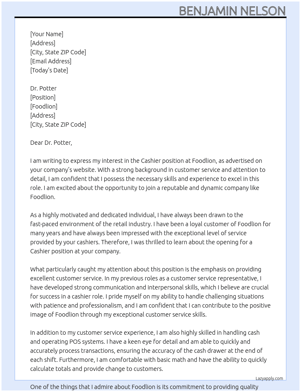 Cashier At Foodlion Cover Letter