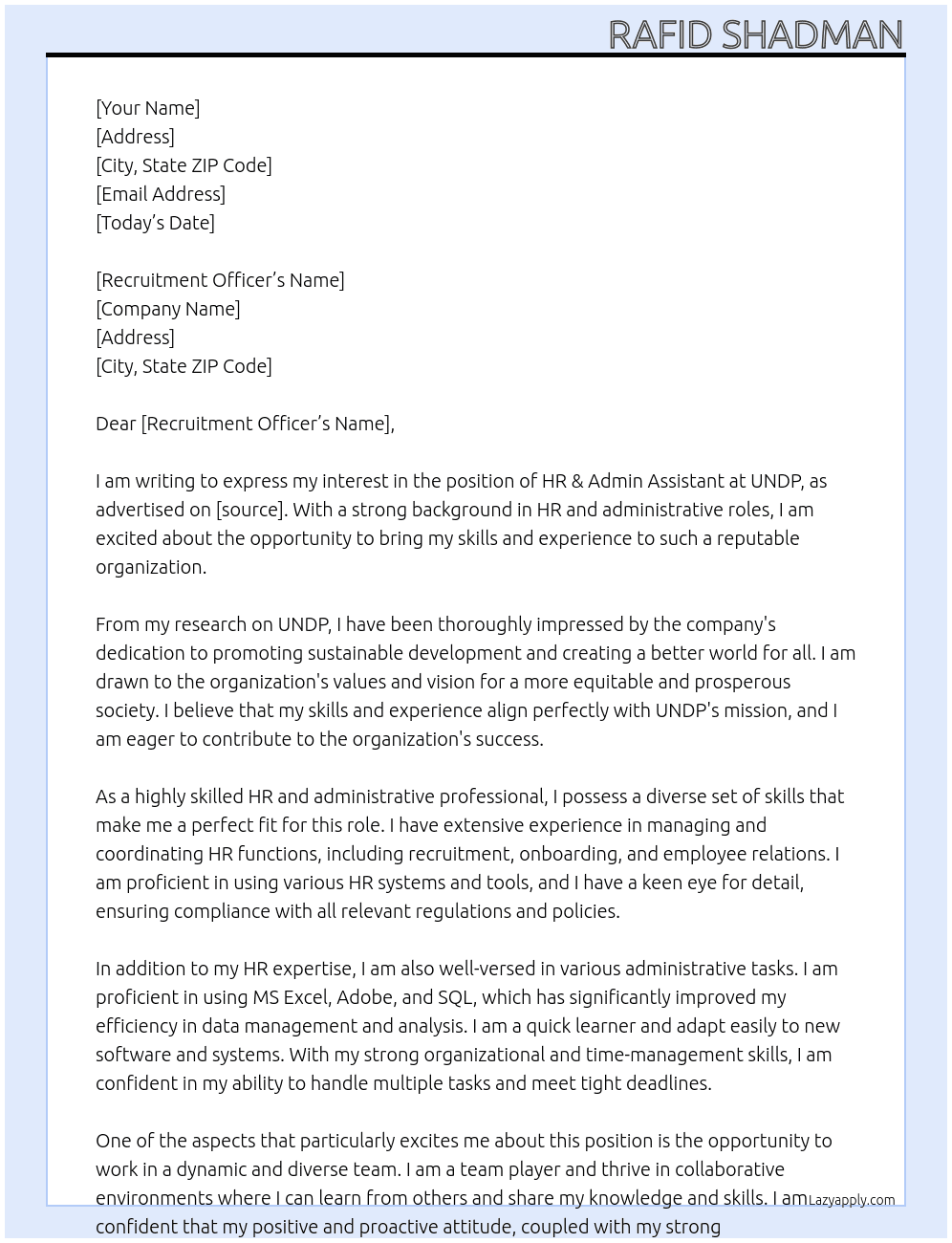 HR & Admin Assistant At UNDP Cover Letter