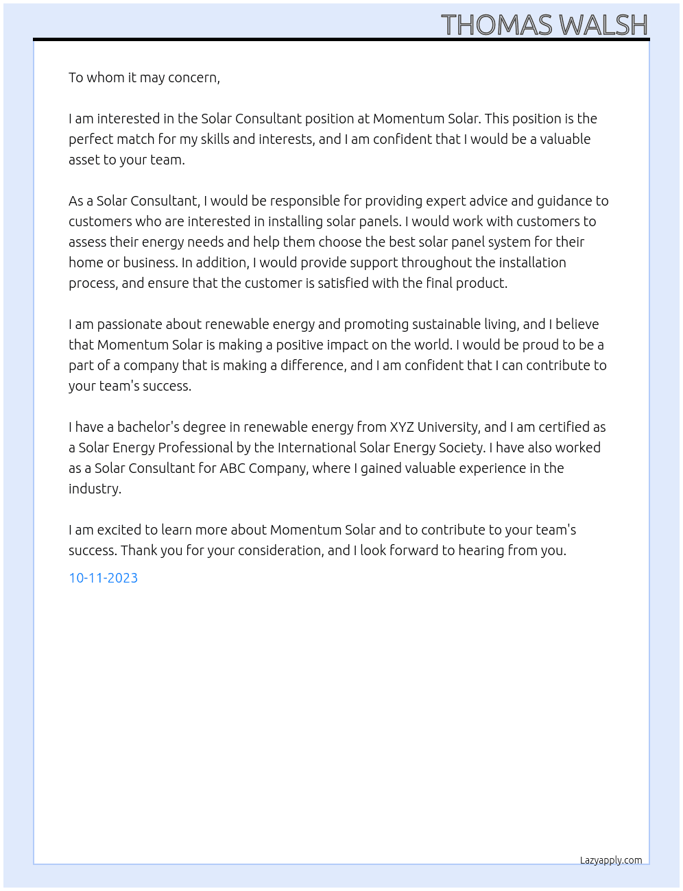 Solar Consultant At Momentum Solar Cover Letter
