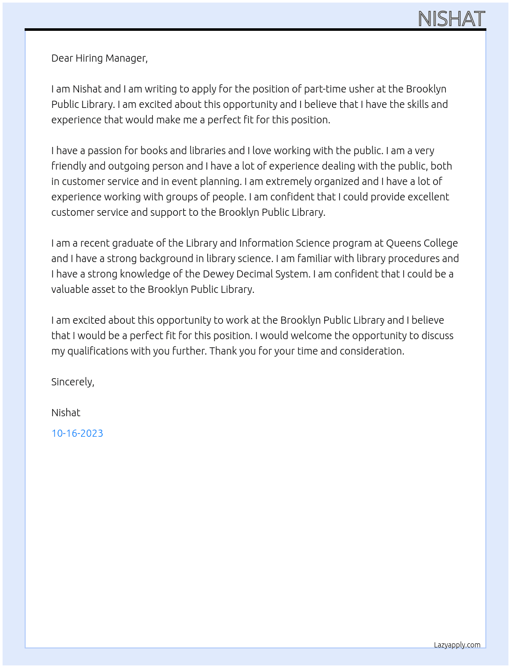 Part time usher At Brooklyn Public Library  Cover Letter