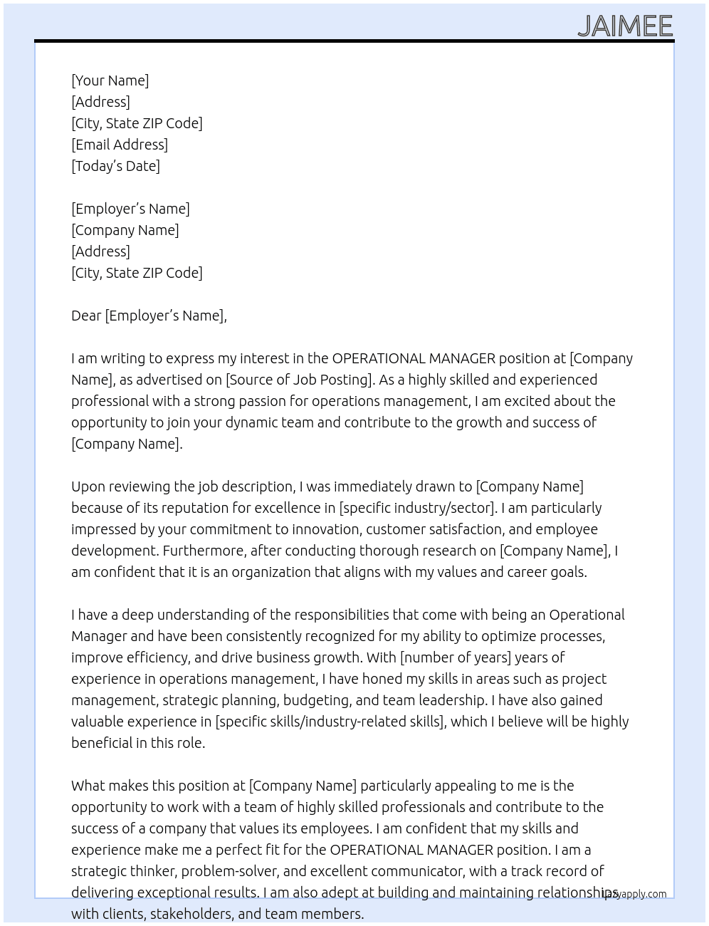 OPERATIONAL MANAGER At xx Cover Letter
