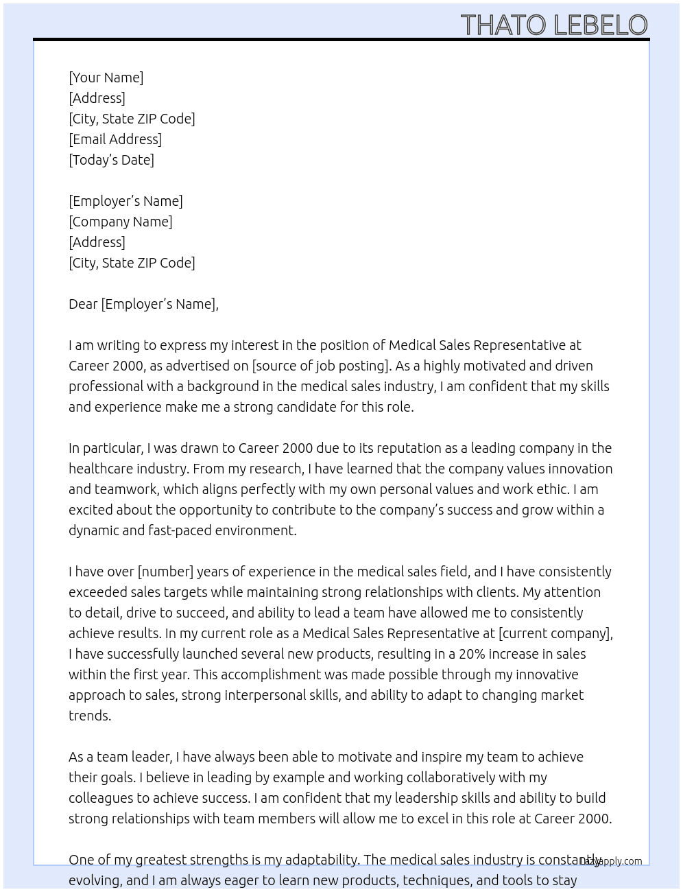 Medical Sales Representative At Career 2000 Cover Letter