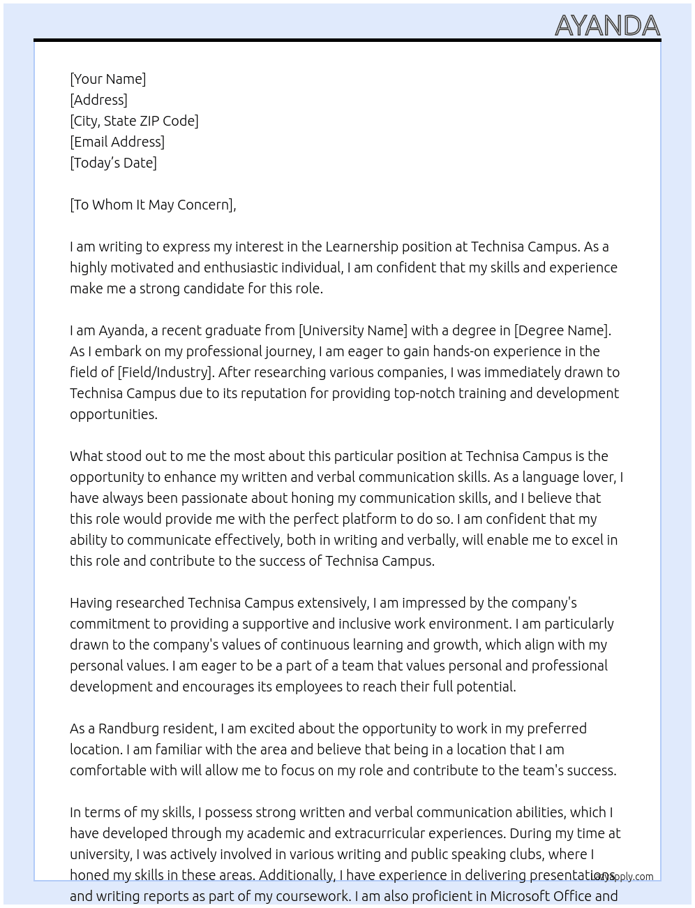 Learnership  At Technisa Campus Cover Letter