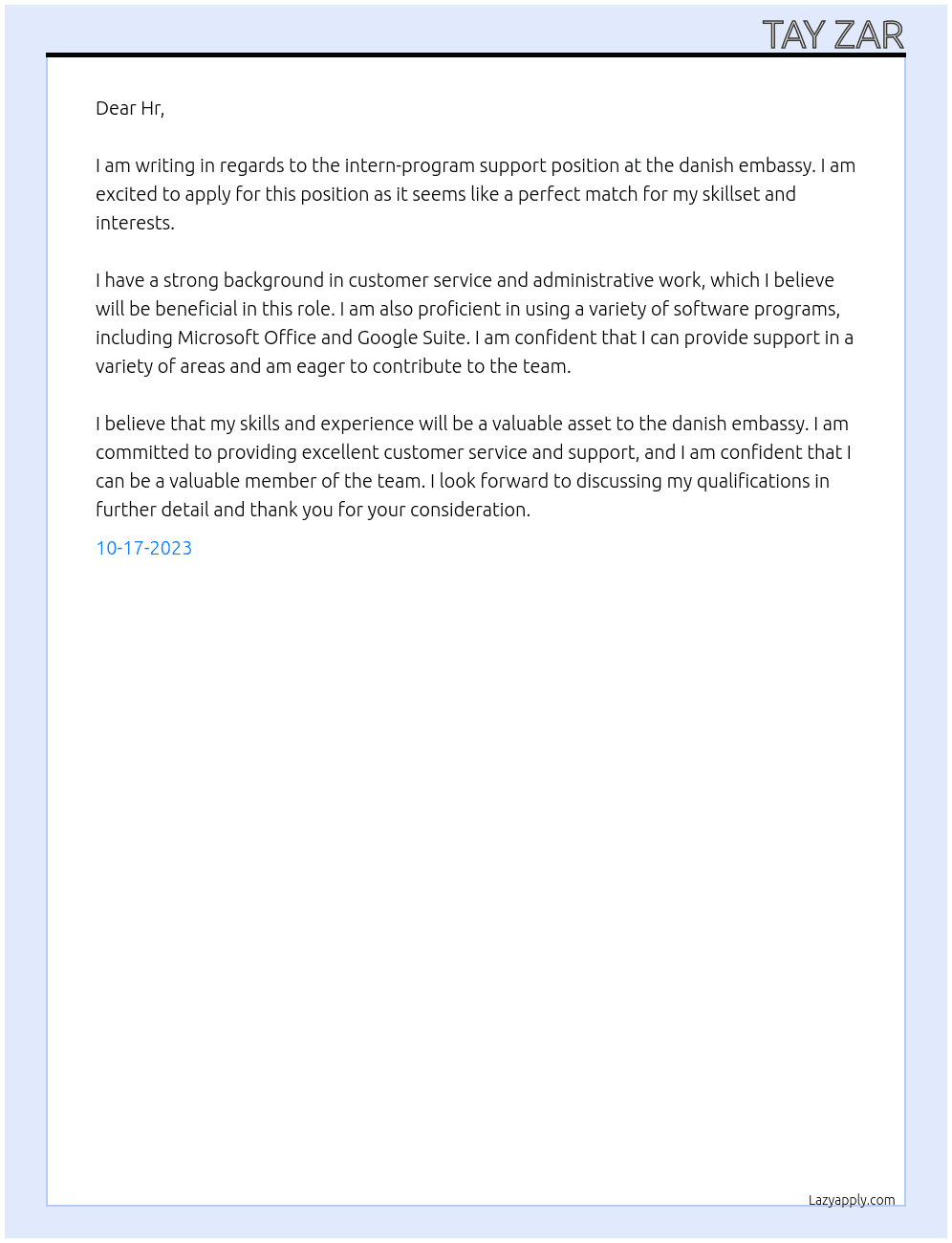 intern-program support At danish embassy Cover Letter