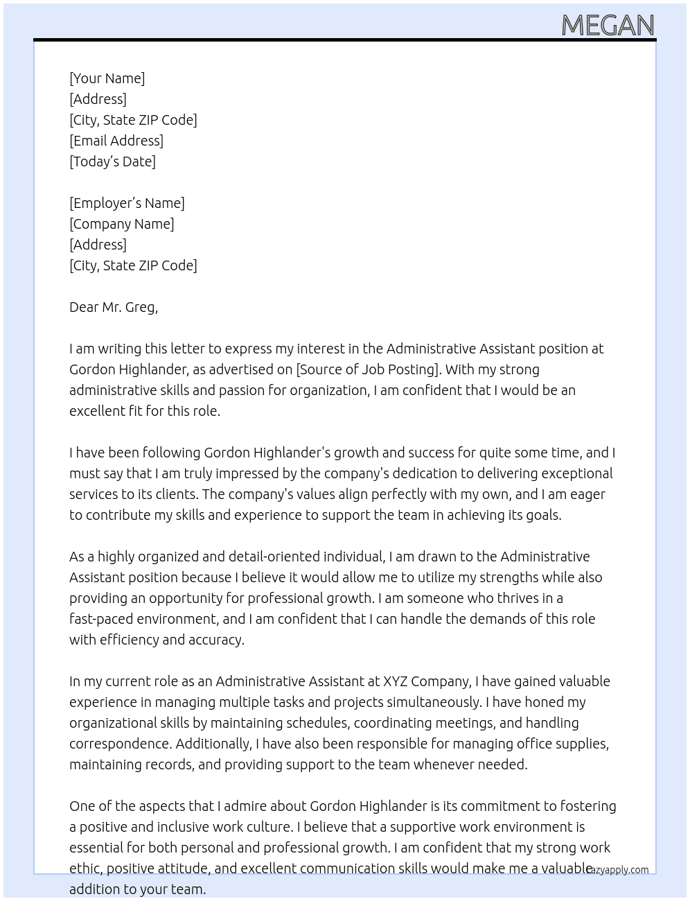 Administrative Assistant At Gordon Highlander Cover Letter