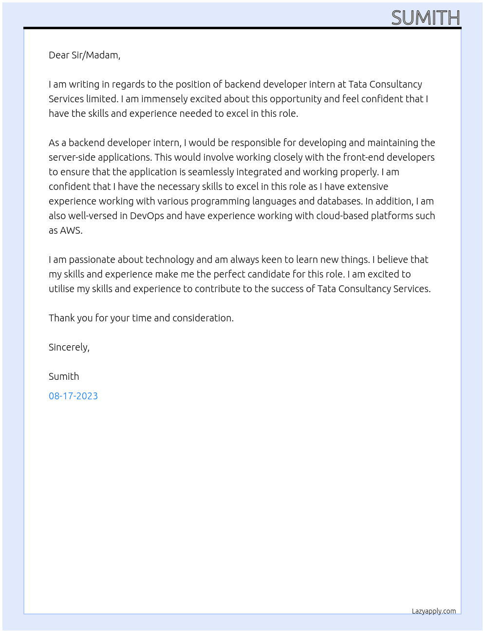 Backend Developer Intern At Tata Consultancy Services limited Cover Letter
