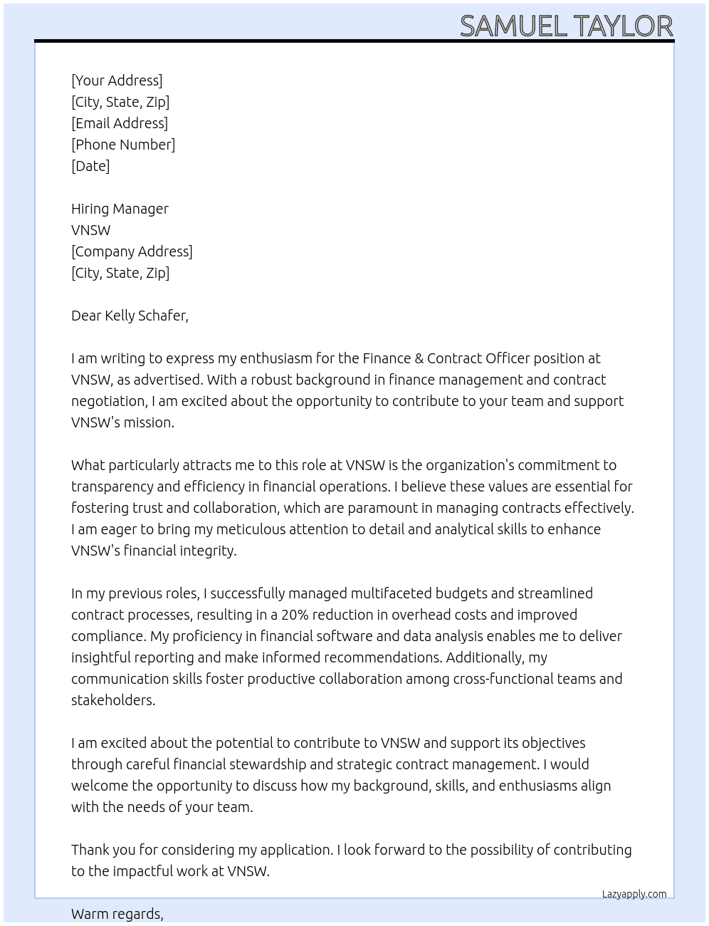 Finance & Contract Officer At VNSW Cover Letter