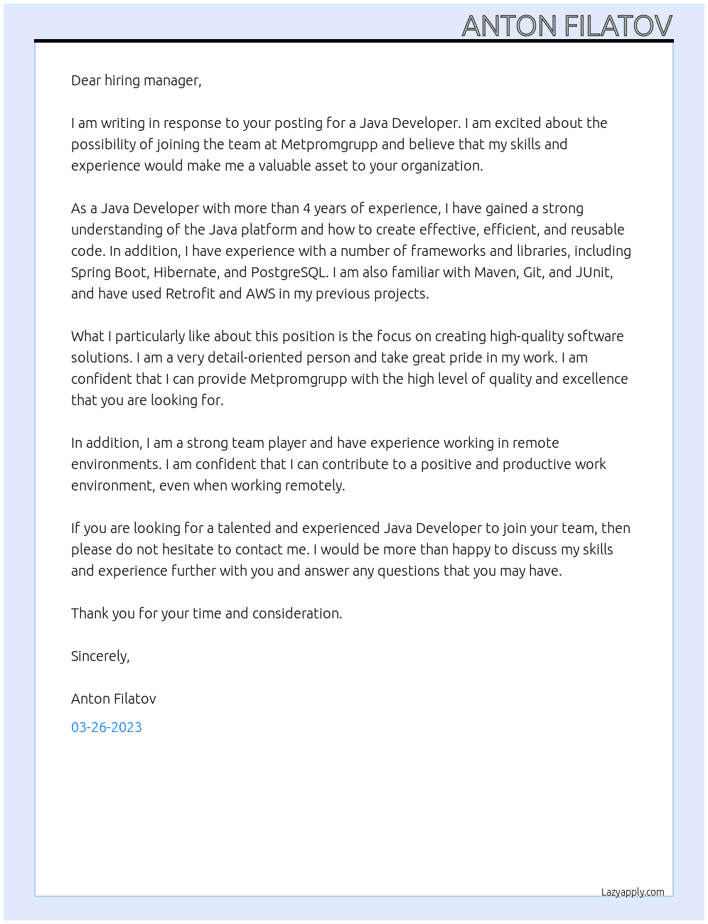 Java Developer At Metpromgrupp Cover Letter