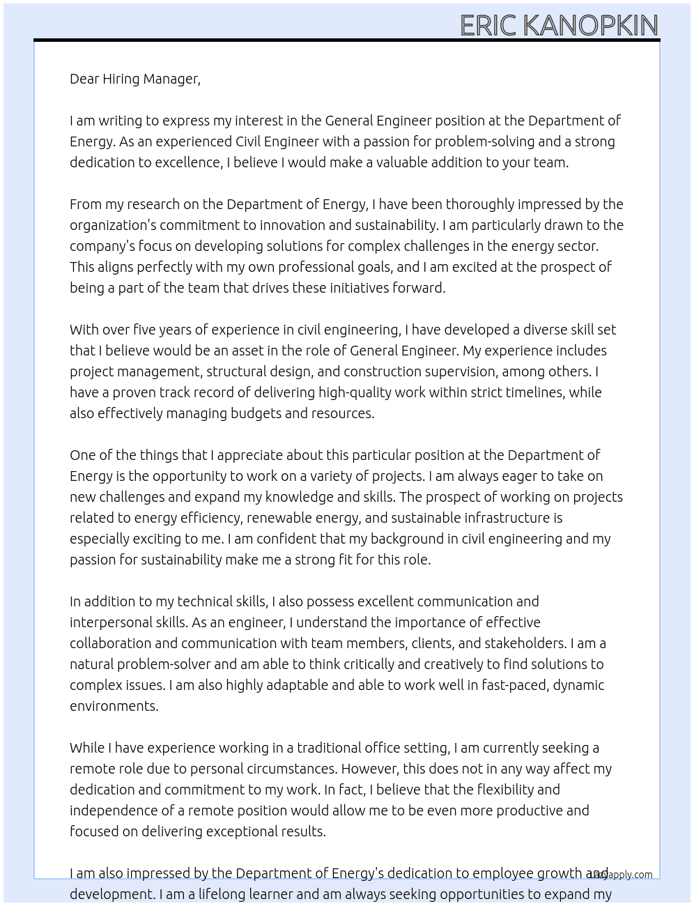 general engineer At department of energy Cover Letter