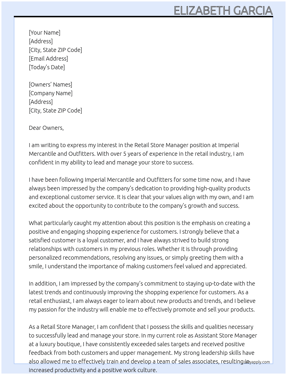 Retail Store Manager At Imperial Mercantile and Outfitters Cover Letter