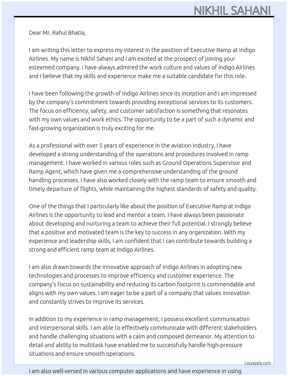 Executive ramp  At Indigo airline  Cover Letter