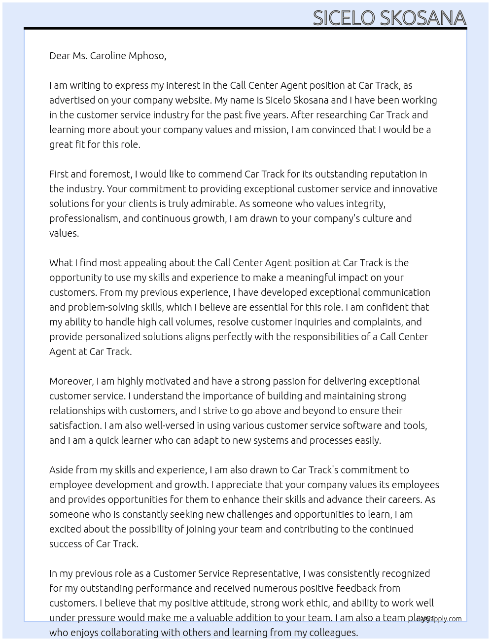 Call Center agent At Car Track Cover Letter