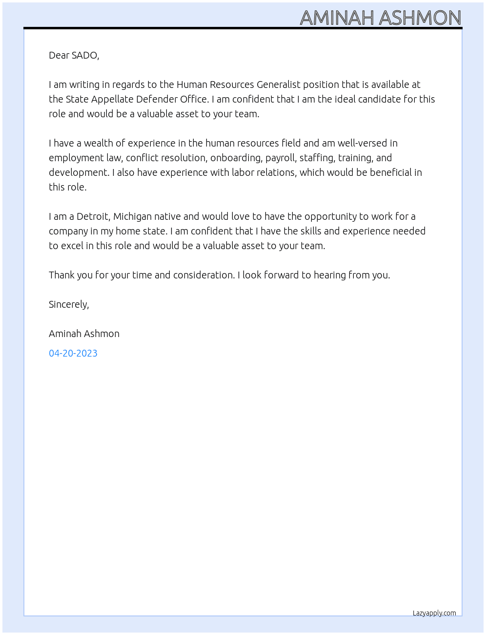 Human Resources Generalist At State Appellate Defender Office Cover Letter