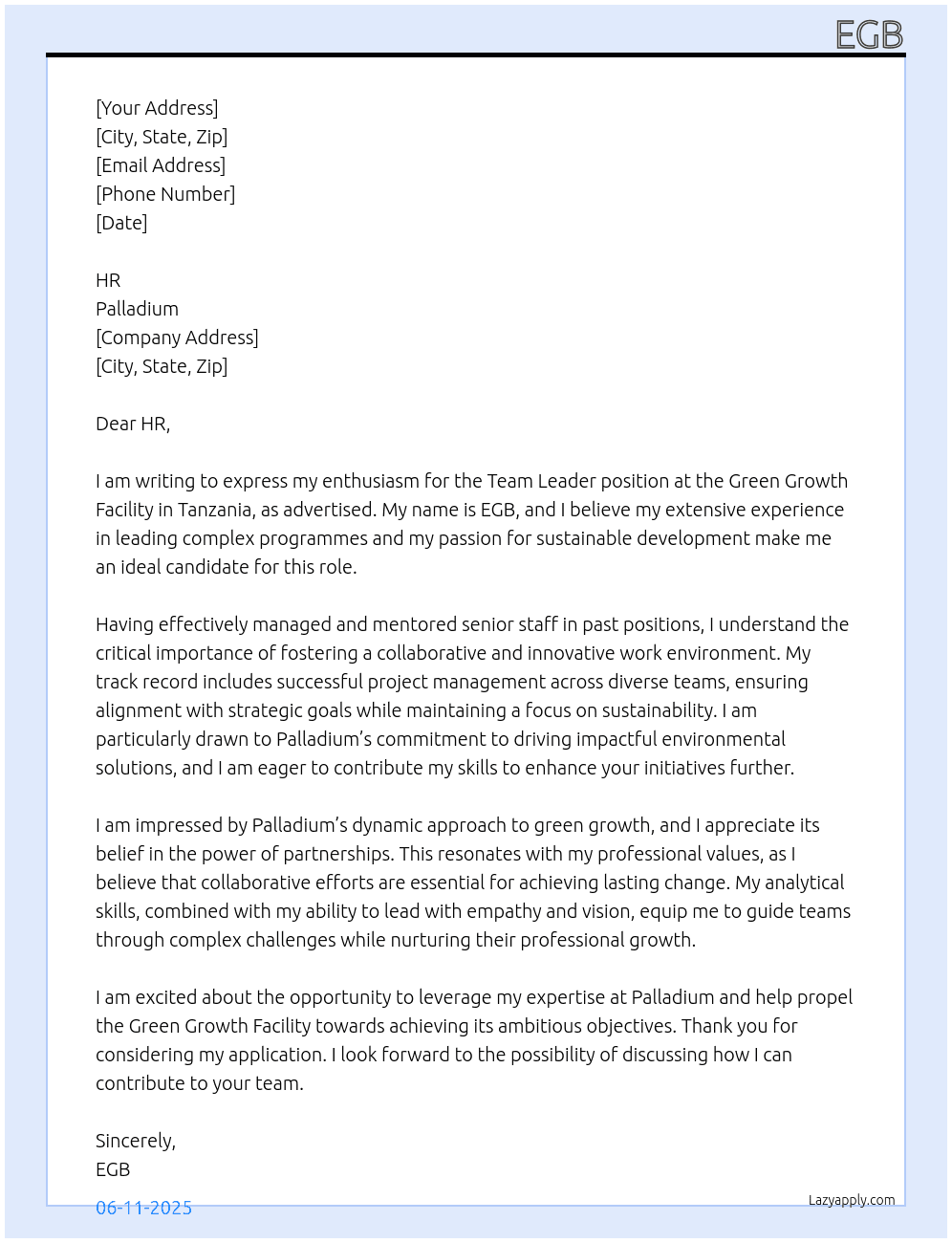 Team Leader, Green Growth Facility Tanzania At Palladium Cover Letter