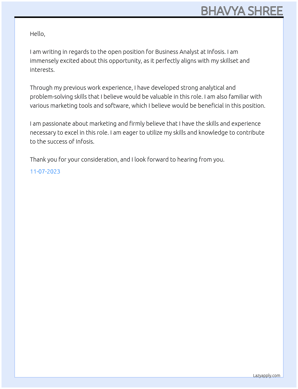 business analysis At infosis Cover Letter