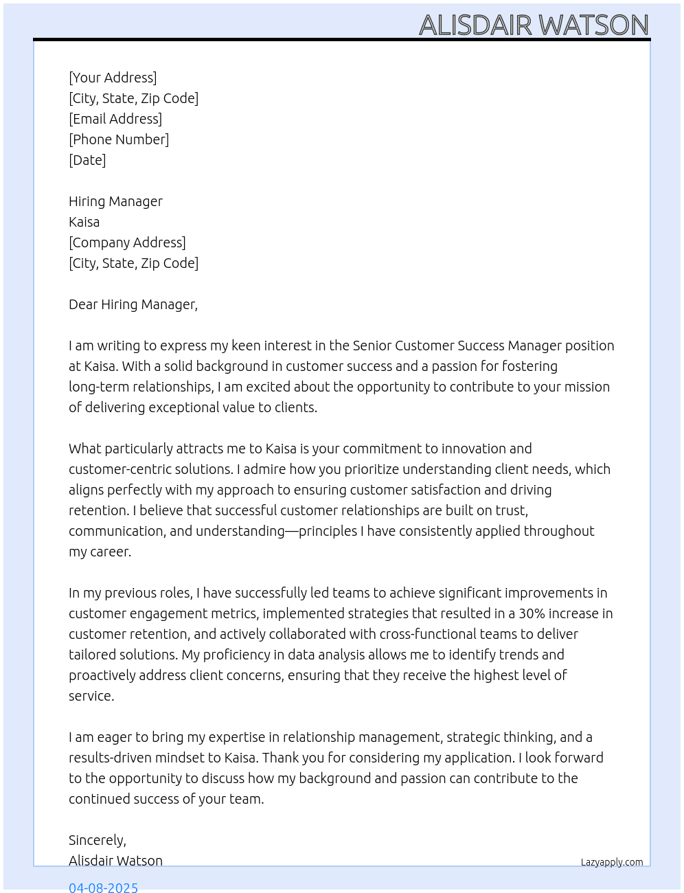 Senior Customer Success Manager At Kaisa Cover Letter