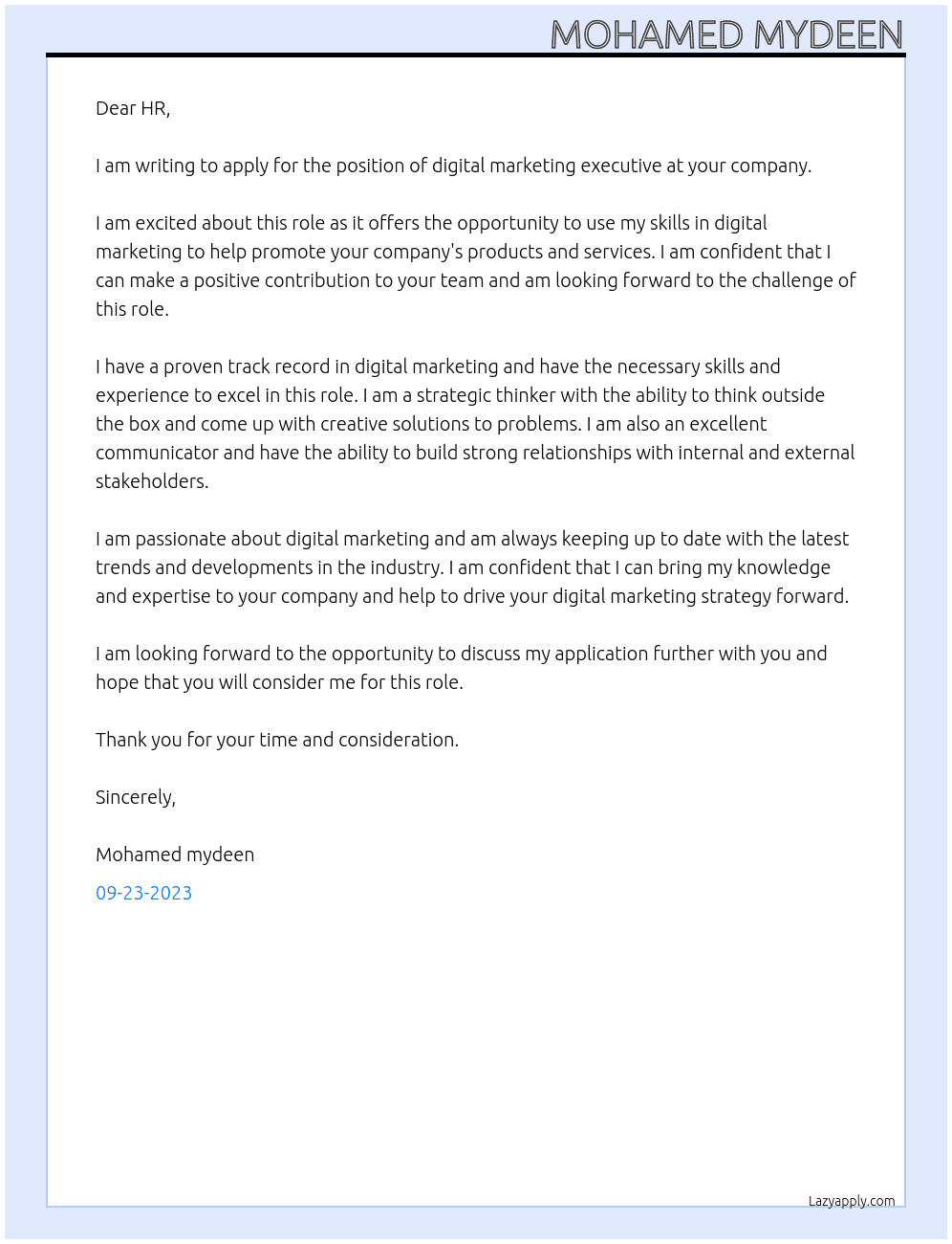 Digital marketing executive  At Your company  Cover Letter