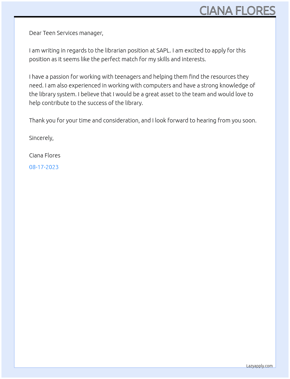 librarian At SAPL  Cover Letter