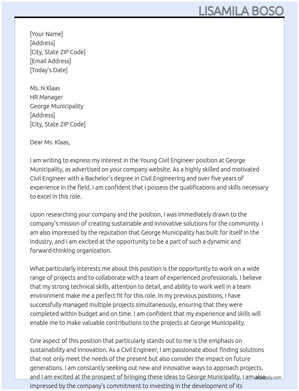 young civil engineer At george municipality Cover Letter