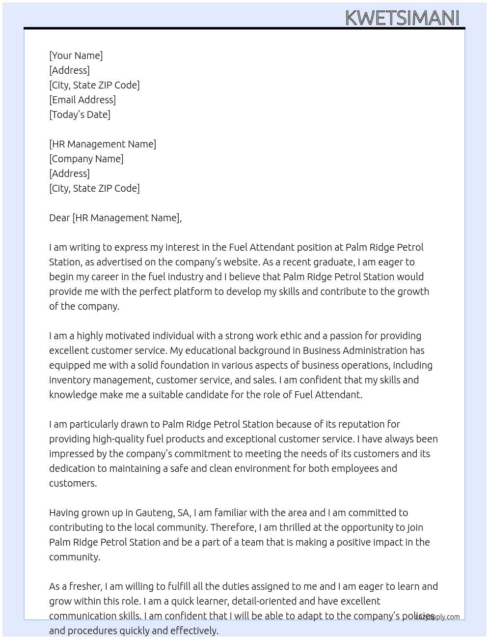Fuel Attendant  At Palm ridge petrol station  Cover Letter