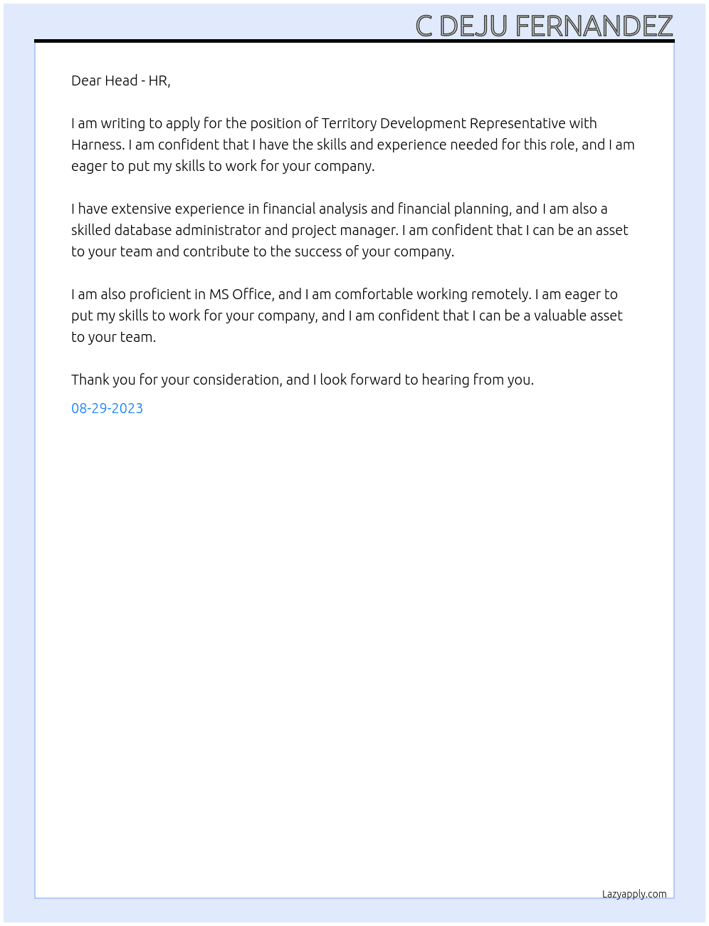 Territory Development Representative At Harness Cover Letter