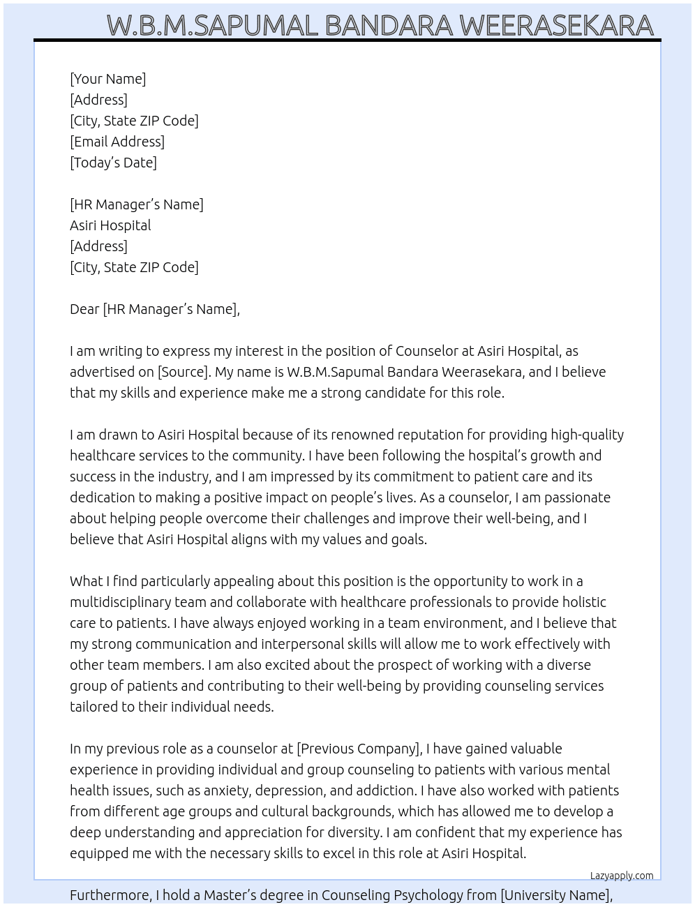 Counselor  At Asiri Hospital  Cover Letter