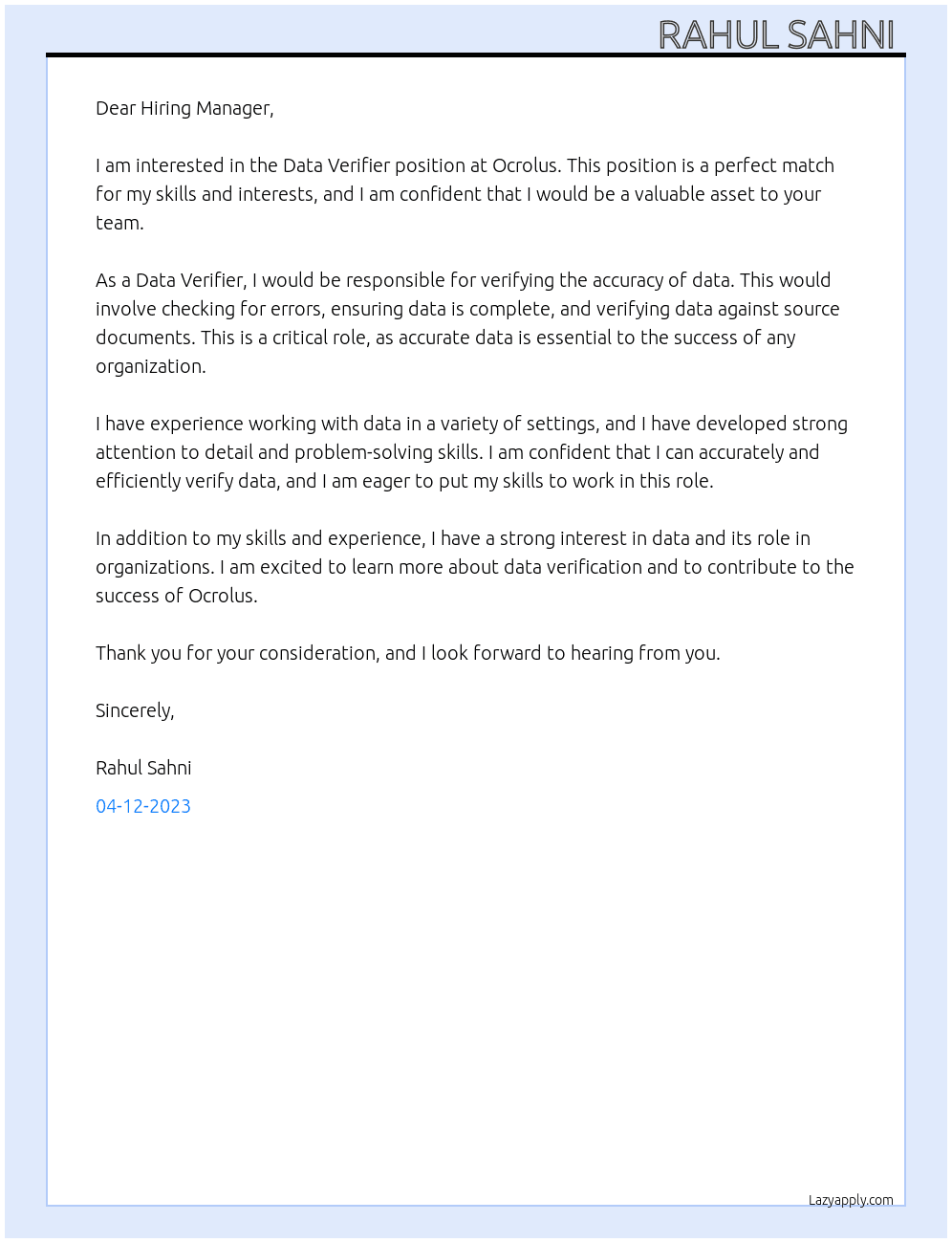 Data Verifier  At Ocrolus  Cover Letter