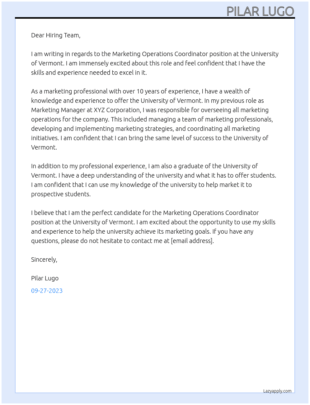 Marketing Operations Coordinator At University of Vermont Cover Letter