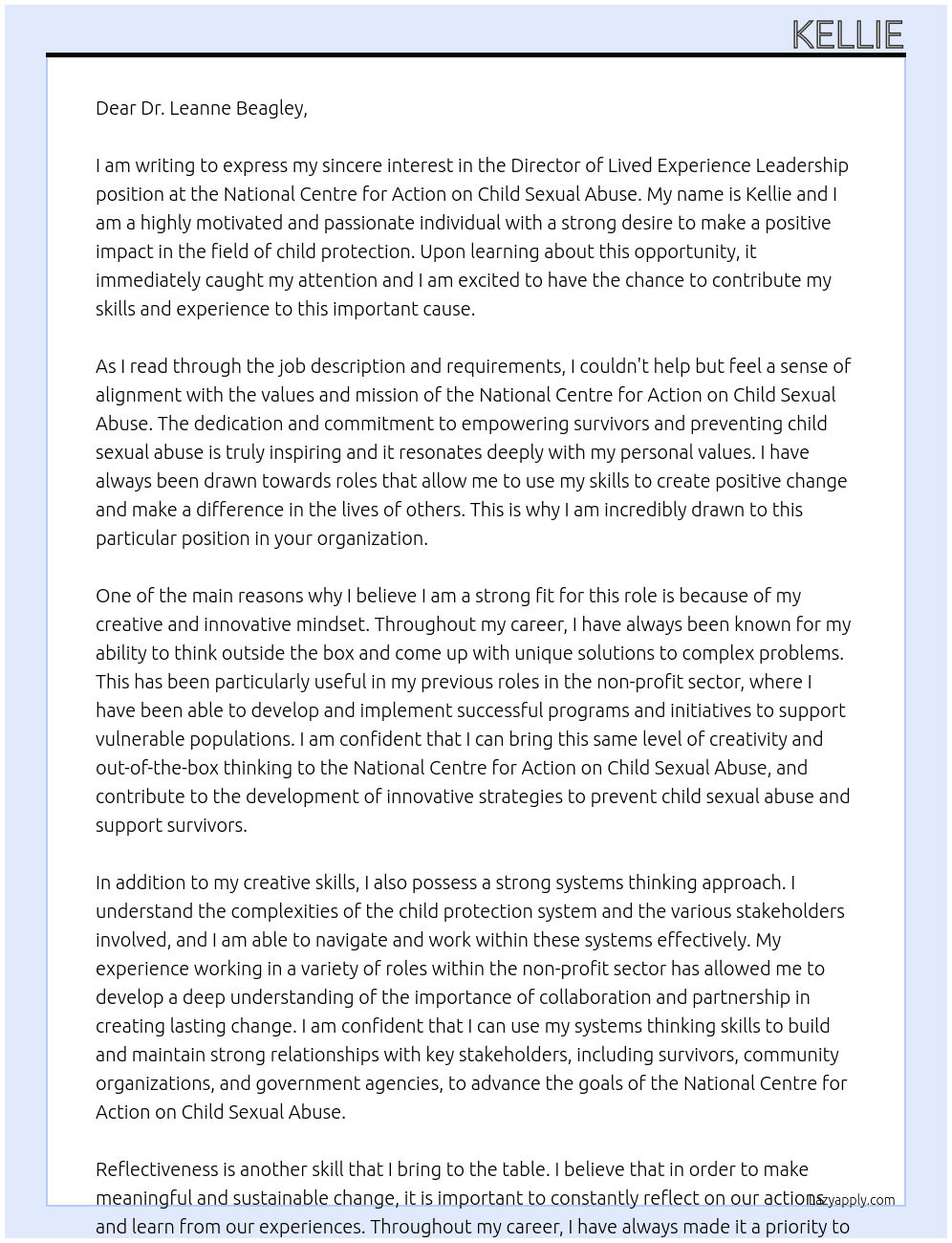 Director of lived experience leadership At National Centre for Action on Child Sexual Abuse  Cover Letter