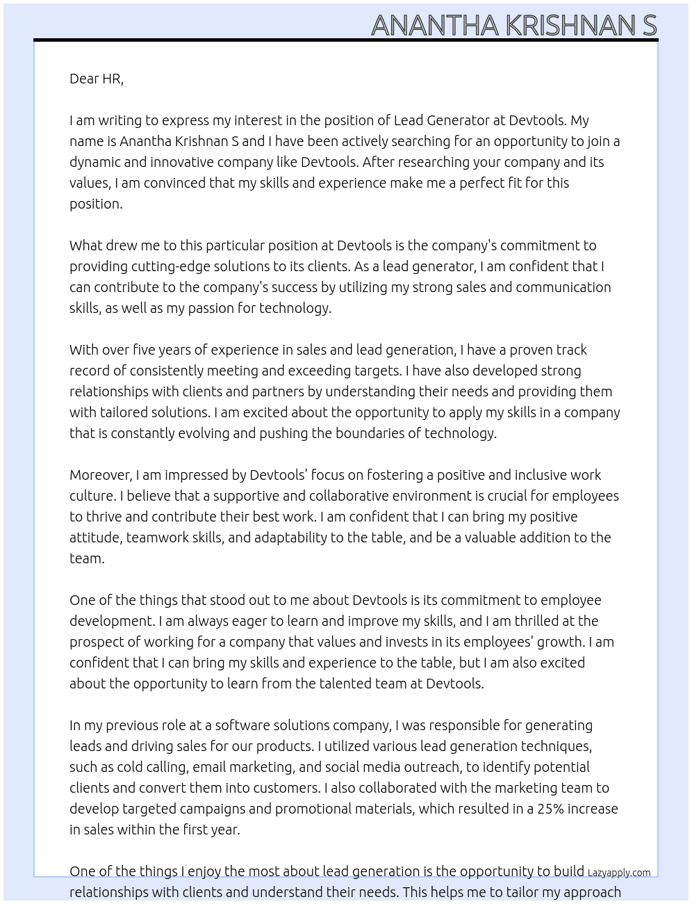 Lead generator At Devtools Cover Letter
