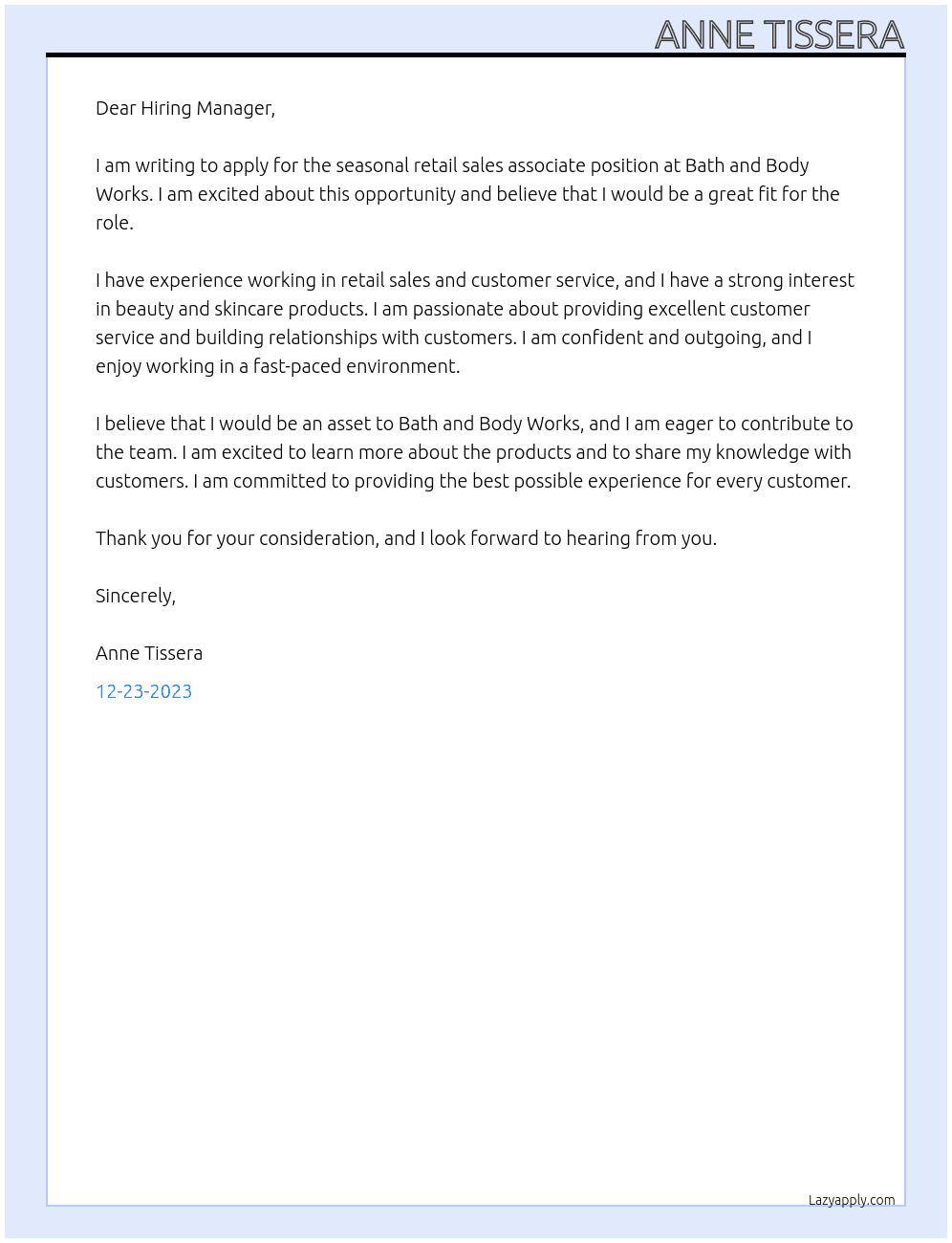 seasonal retail sales assciate At Bath and Body Works Cover Letter