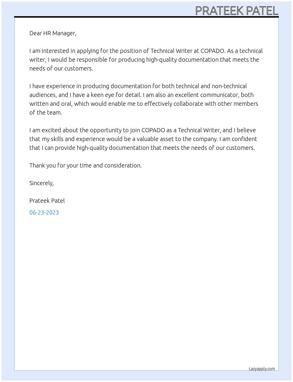 Technical writer  At COPADO Cover Letter